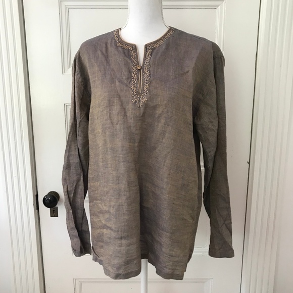 Yvaraj Blue Brown Linen Embroidered Tunic - Picture 3 of 6